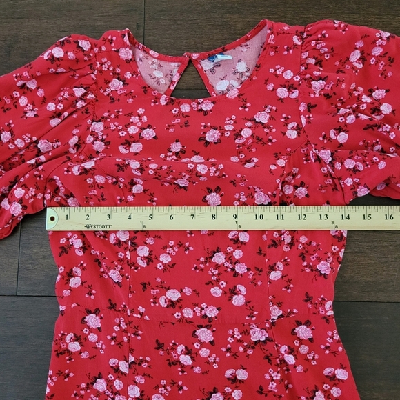 Old Navy Puff Sleeve Red Floral Maxi Dress Women's XS Ruched Back Spring Summer - Picture 11 of 14
